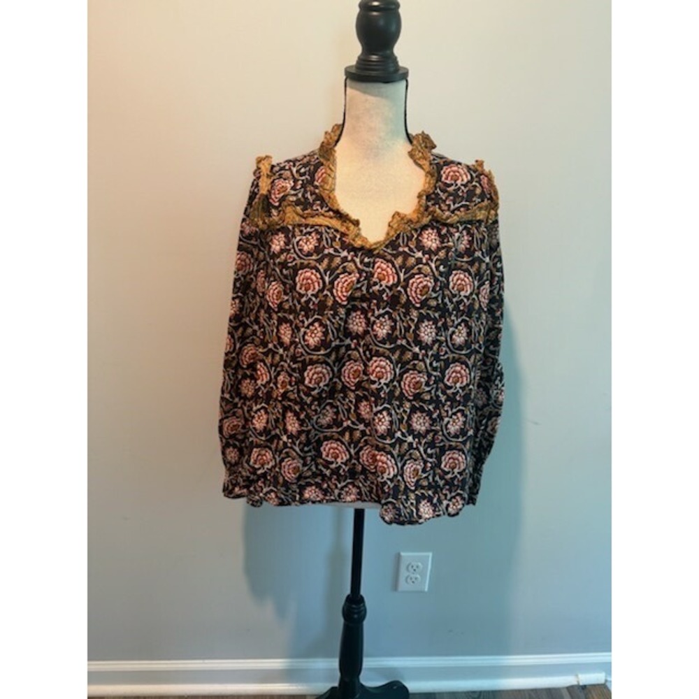 Othilia Anthropologie Sera Floral Ruffle V-Neck Blouse sz XL Petite XLP Boho Top